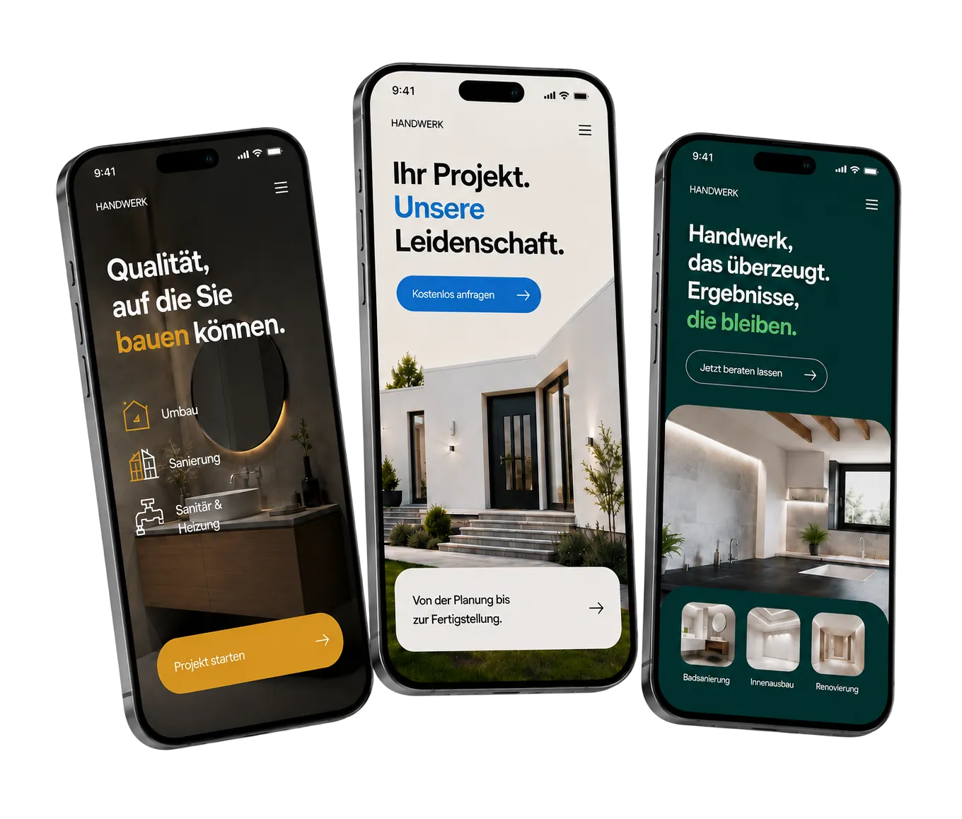 Vorschau einer Bauunternehmen-Website auf drei Smartphones