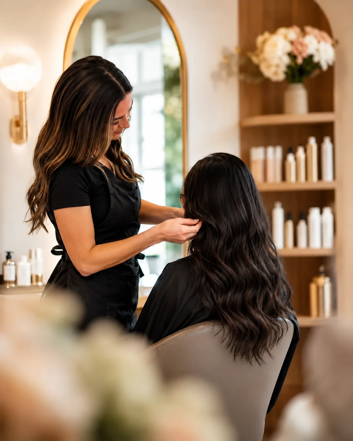 Stylistin schneidet einer Kundin die Haare